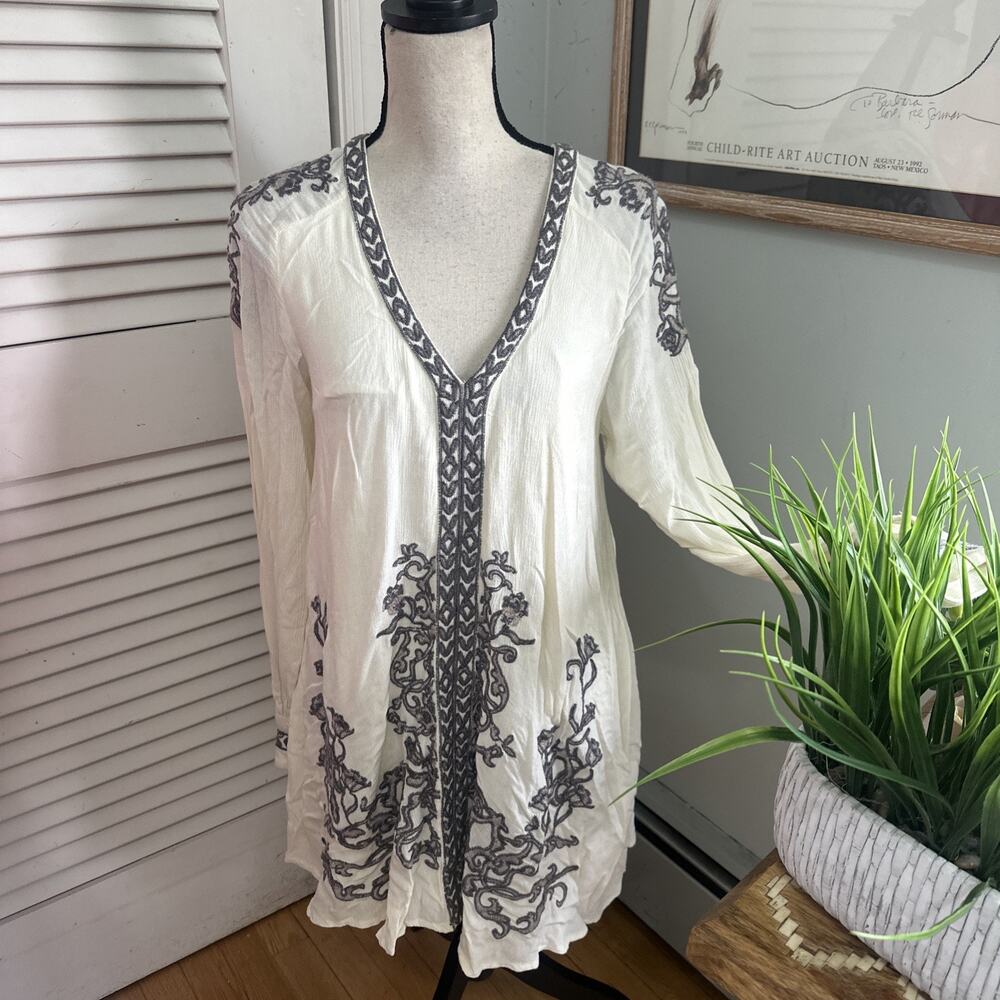 Free People Tunic Dress XS Cream Embroidered Hearts in Heaven Mini Boho Festival